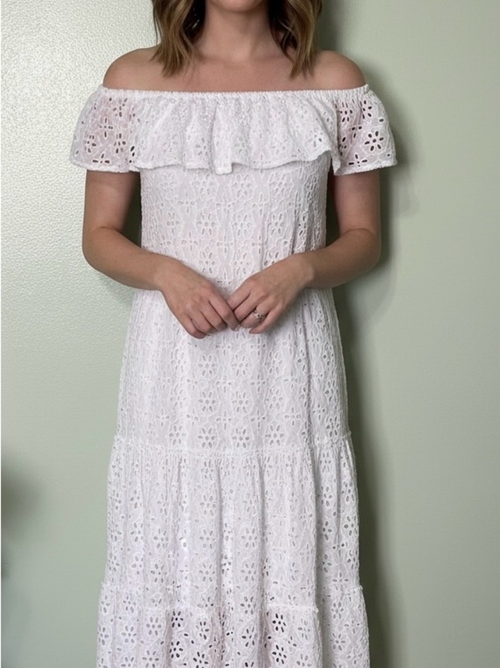 Cotton eyelet lace Dress white sleeveless midi ruffle straps Free Size